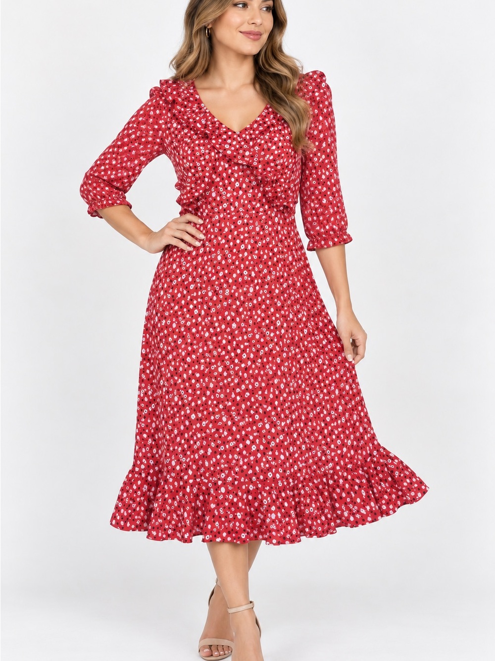 Boden Red Floral Midi Dress with Ruffle Hem